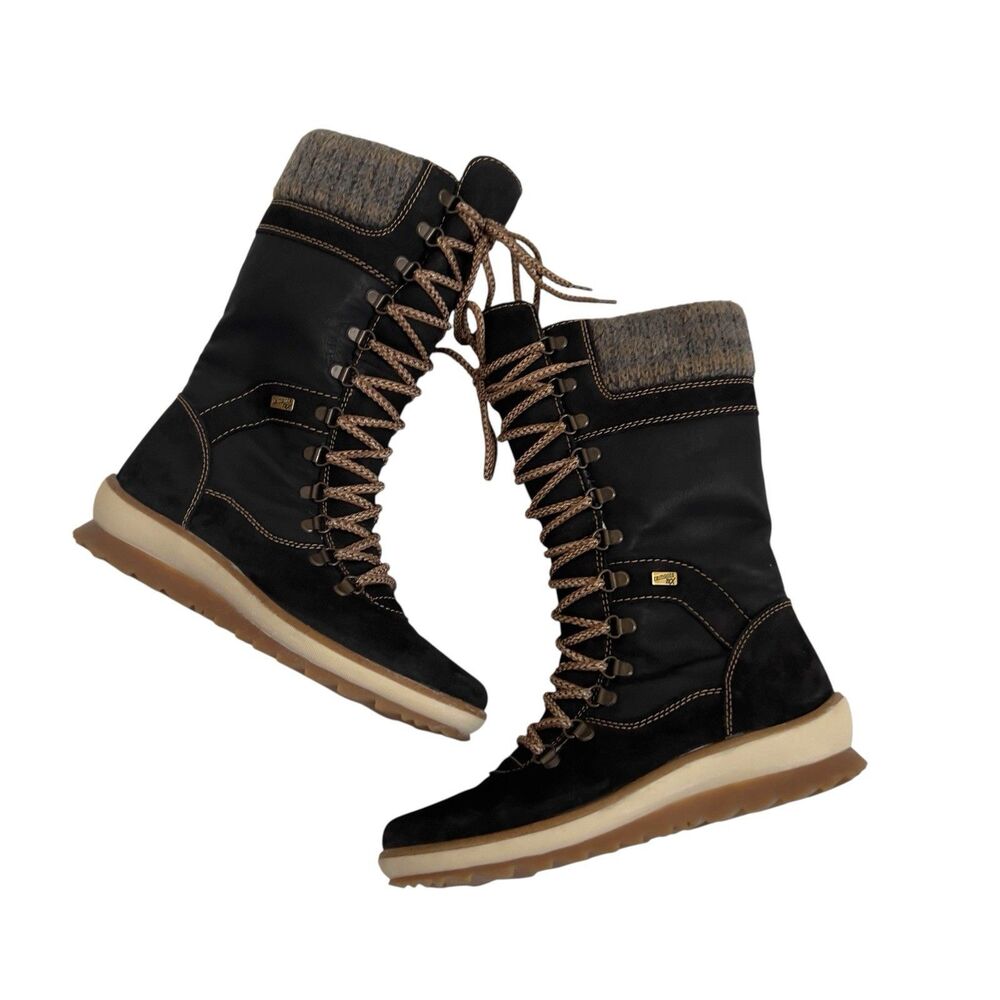 Remonte Tex Tall Black Winter Boots Leather Wool Cuff Lace-Up + Zip EU 37